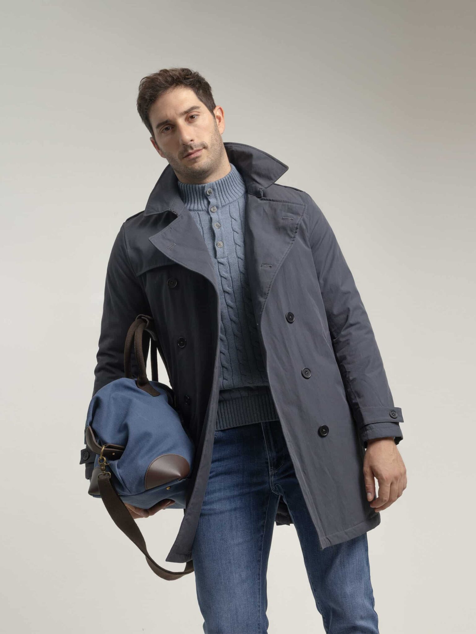 PuroEgo Abrigo Gris Pizarra Trench Doble Botonadura — Hombre